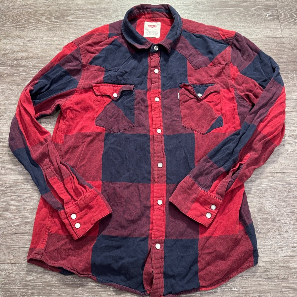 Levis Shirt Women Large Red Blue Cotton Buffalo Plaid Western Pearl Snap Rodeo - Picture 2 of 7